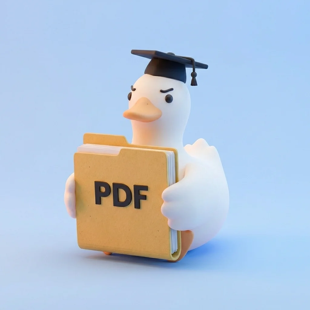 Cute duck with graduation cap holding a large PDF thesis folder