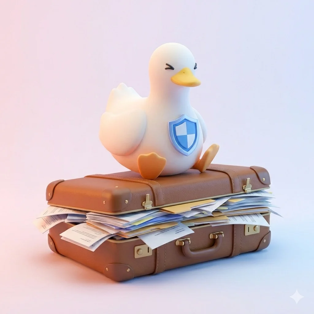 Cute duck sitting on a bulging suitcase to force it close, symbolizing PDF compression