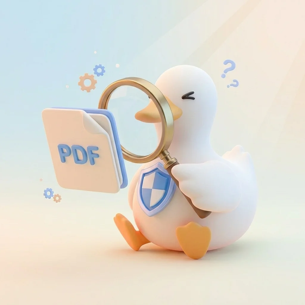 Cute duck using a magnifying glass to inspect a PDF file for issues